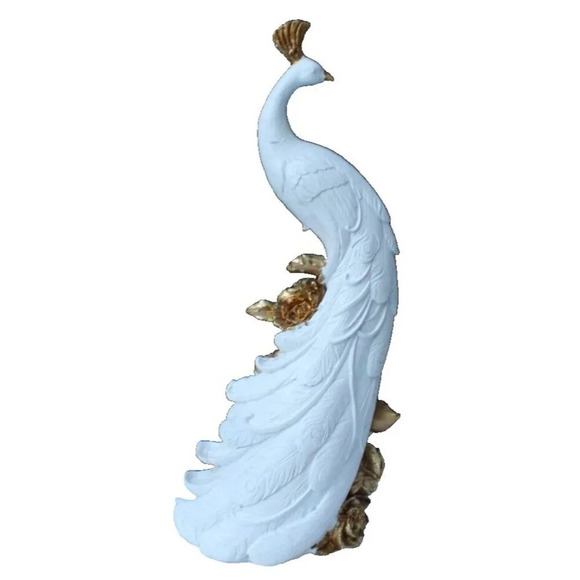 New White Gold Resin MCM Peacock W/ Flowers And Roses State Figure Room Decor - Picture 2 of 2